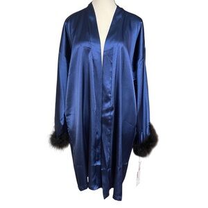 Woman's In Bloom Midnight Blue‎ Soft Satin Like Robe with Black Fluffy Trim M/L